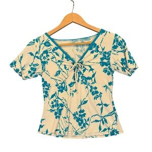 Unbranded Floral V-Neck Top Womens Tie Front Small Teal Cream Y2K Cottagecore